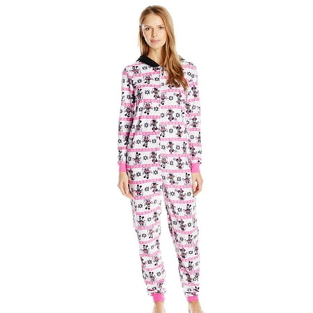 Disney Womens Pink Fleece Mickey Minnie Mouse Hooded Union Suit Sleeper Pajama