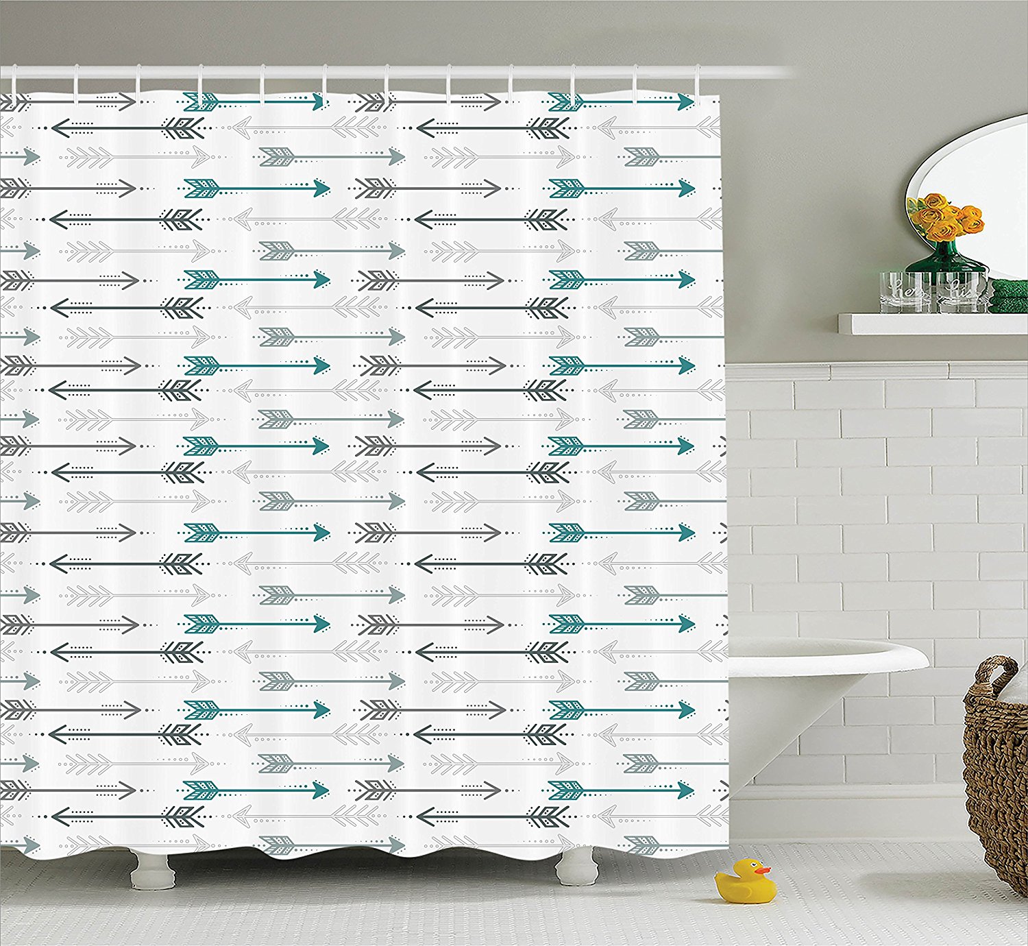 Teal Decor Shower Curtain Set By , Retro Arrow Pattern In Horizontal