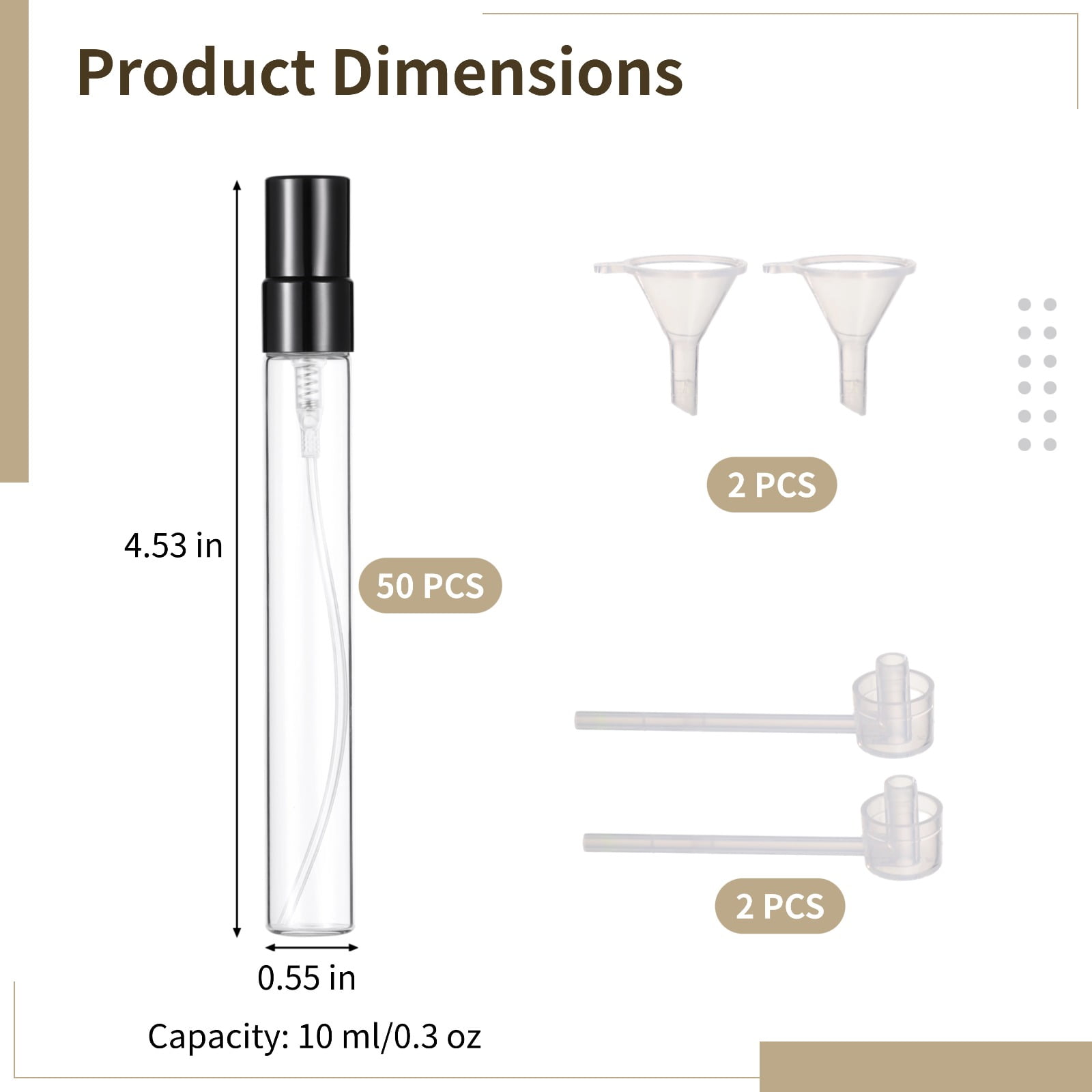 50PCS Mini Spray Bottles, 0.3oz/10ml Refillable Glass Perfume Bottles, Portable Travel Sample Containers with Caps, Fine Mist Atomizers with 2 Funnels and 2 Dispensers, Black
