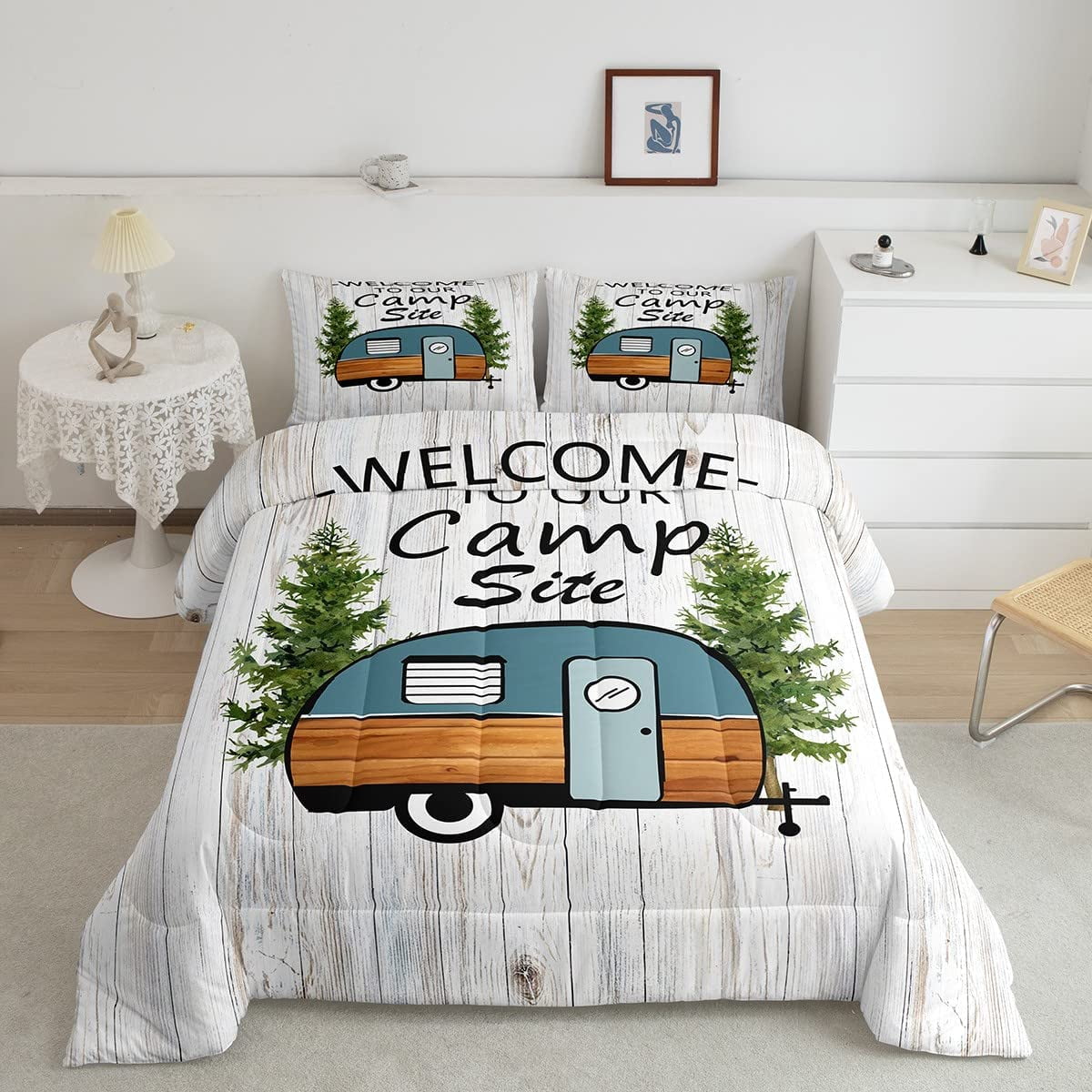 GDAKE Camper Trailer Comforter Set Queen,Camping Hiking Pine Tent