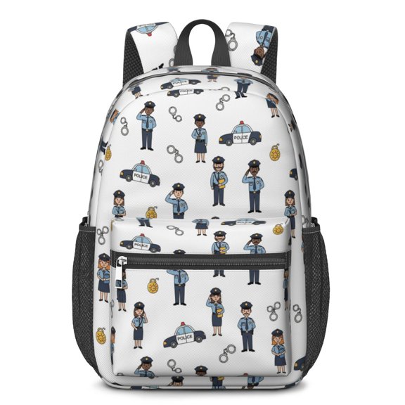 Police and Officer White Pattern 17" Waterproof Oxford School Backpacks for Teens, S-Shape Padded Straps, for School, Travel, Hiking, Camping