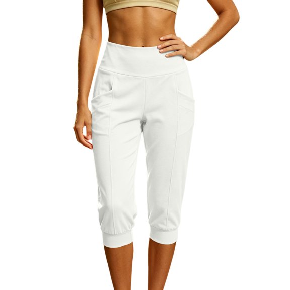 JIA JIA SHUANG Capri Pants for Women High Waisted Pull on Yoga Joggers Pants Slim Straight Leg Stretchy Workout Trousers with Side Pockets(White,X-Large)
