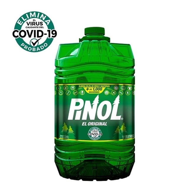 limpiador multiusos pinol el original 9 lt envase verde translúcido de 9 litros con tapa de rosca, etiqueta frontal verde con logo Pinol blanco y texto "El Original", iconos de uso y sello en la etiqueta que menciona COVID-19; vista frontal centrada sobre fondo blanco, a menudo usado para limpieza general.