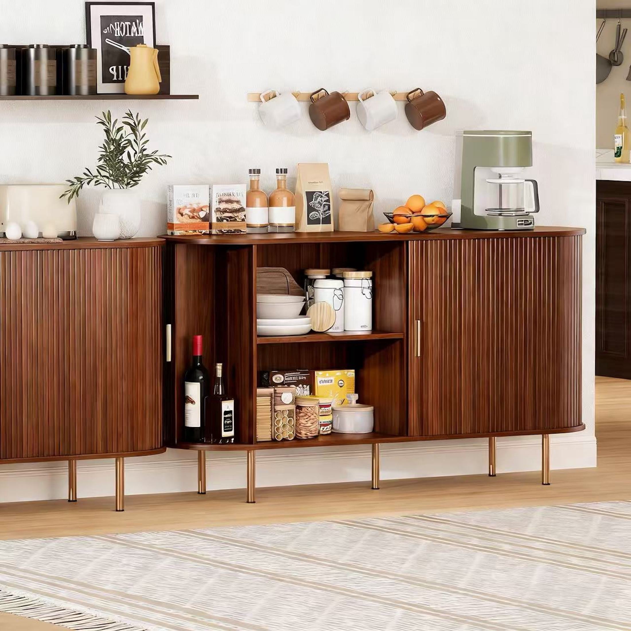 Aisword Sideboard Buffet Cabinet with Storage,Mid Century Modern Fluted Accent Coffee Bar Console Table,Tambour Sliding Doors& Adjustable Shelf for Kitchen, Living Room, Entryway, 55 Inch Walnut