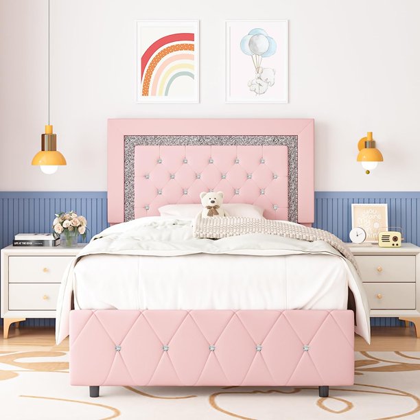 4 EVER WINNER Twin Size Bed Frame, Upholstered Platform Bed Frame with