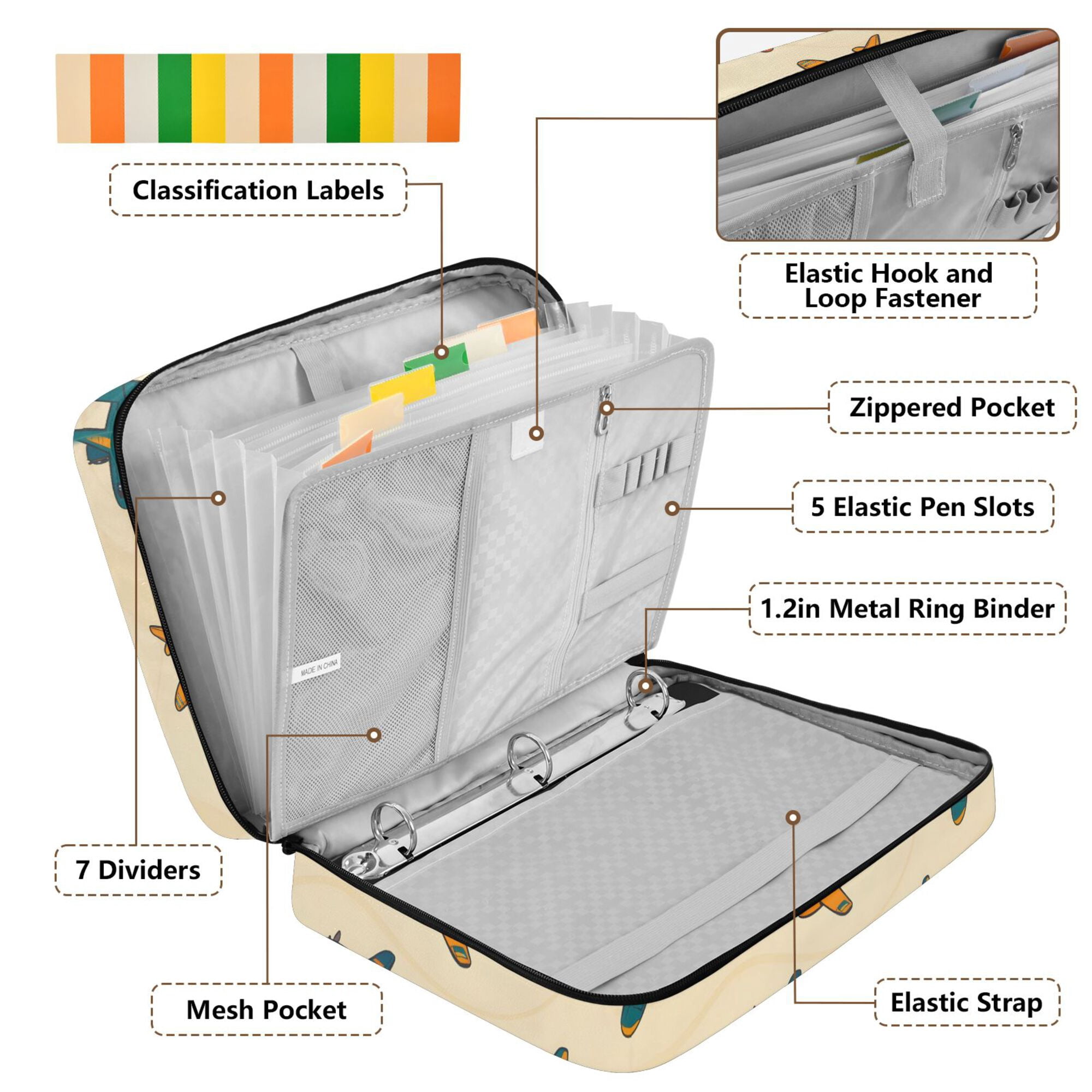 FORMRS Accordion File Folder A4 Size 7-Pocket Expanding Document Organizer Bag with 3 Ring Binder, Brown Cartoon Planes Pattern