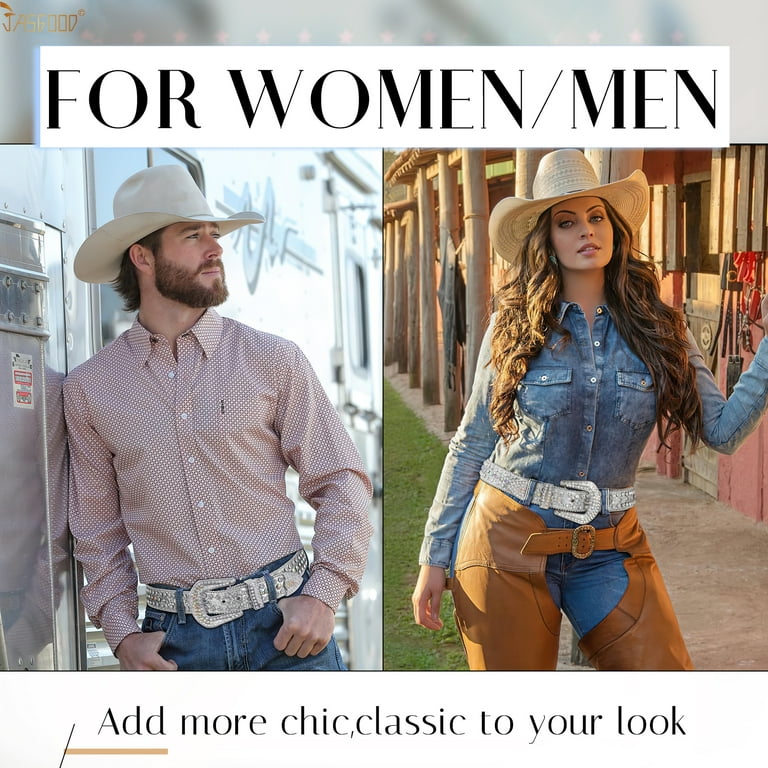 SUOSDEY Rhinestone Belt Men Women Western Bling Cowboy Studded Leather Belt Silver Shiny Buckle Belt for Jeans Pants