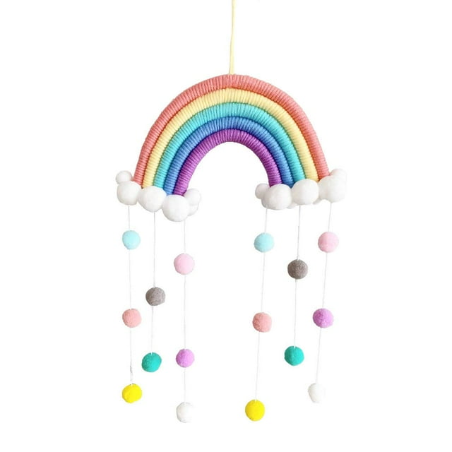 Colgante de pared con forma de arcoíris de macramé DFVEY, 51 x 23 cm, decoración con pompones