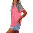 thumbnail image 4 of Femmes T-Shirt Couleur Bloc Manches Courtes Top Rond Causal Été T-Shirt Femmes Causal Chemisier, Rose, S, 4 of 6