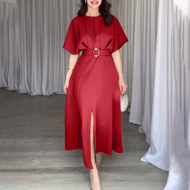 Women's Casual Solid Color Round Neck Short Sleeve Dress Lightweight Comfortable Polyester Loose Fit Midi Dress for Daily Work Outdoor Spring