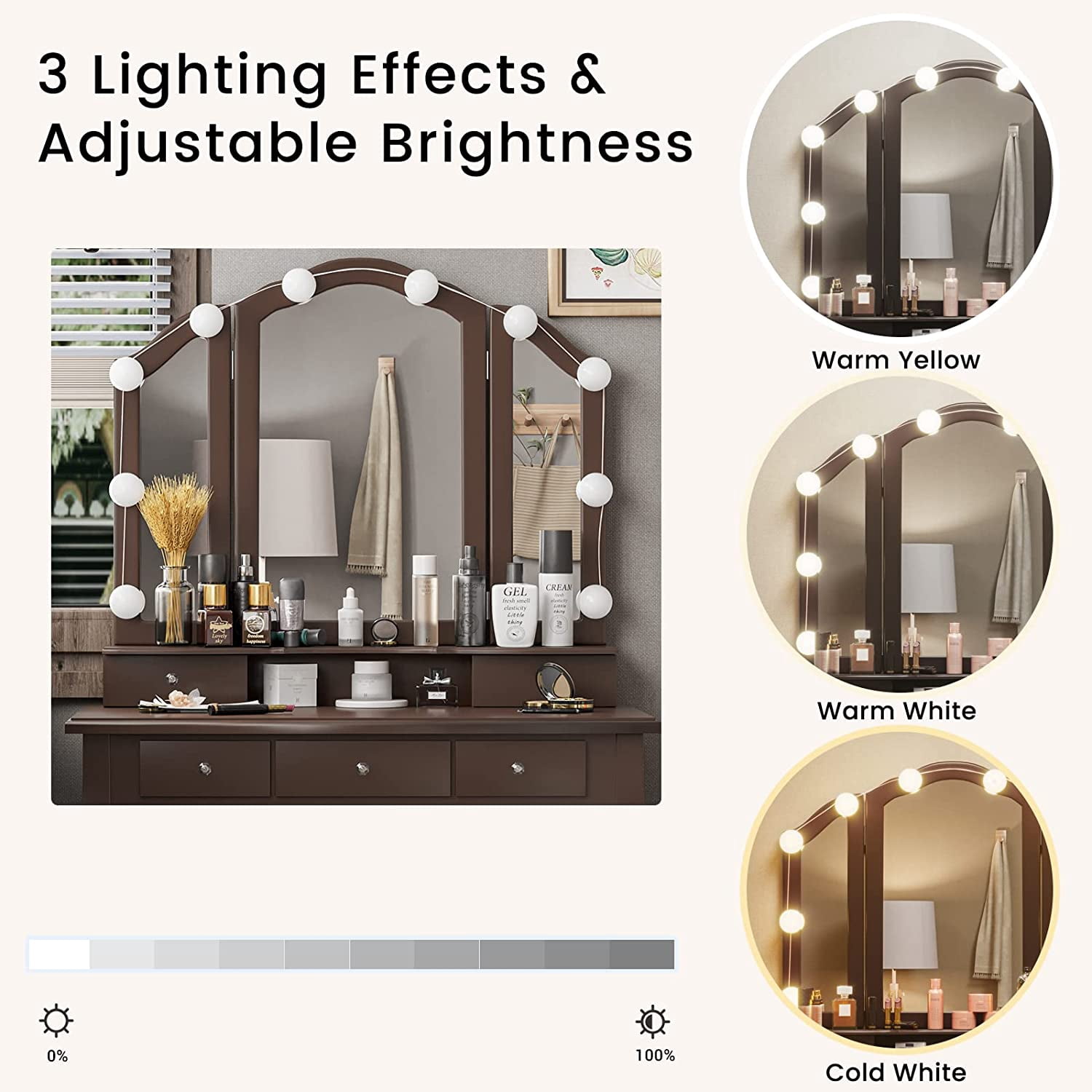 Afuhokles Vanity Table Set with Tri-Folding Mirror 10 LED Light 5 Drawers, Brown