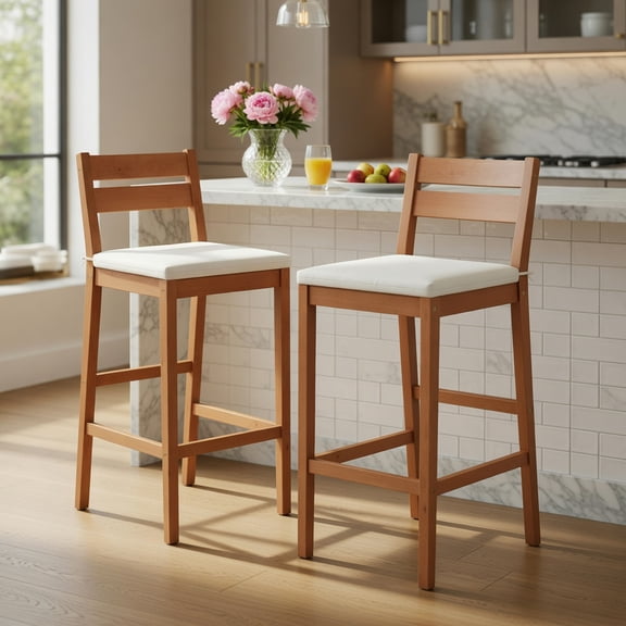 Resenkos Set of 2 Outdoor Wood Barstools with Soft Seat Cushion-Off White for Balcany, Poolside