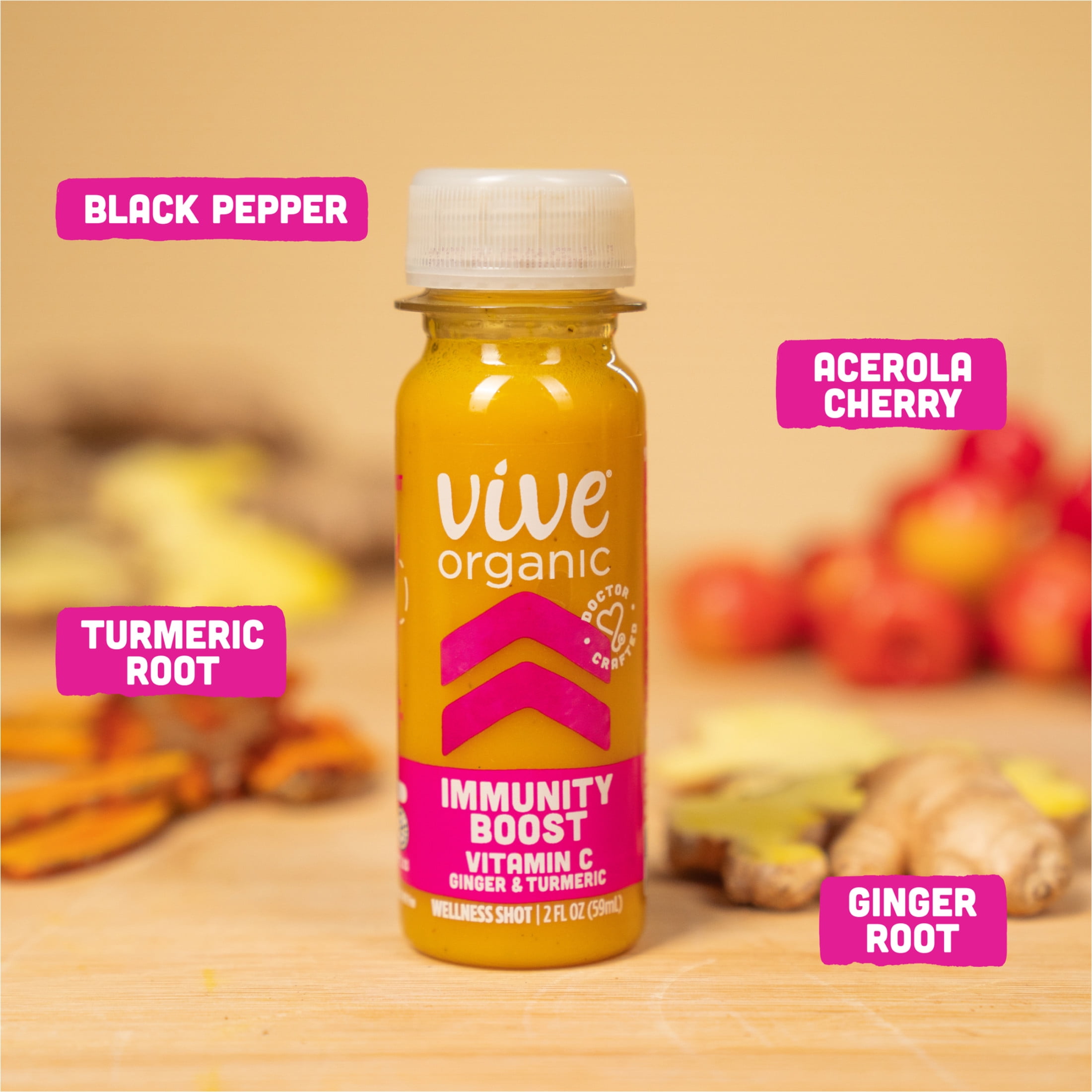 Vive Organic Immunity Boost Shot, Vitamin C, Ginger and Turmeric Wellness Shot, 2 fl oz Bottle