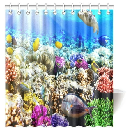 Coral Bathroom Wall Decor MYPOP Underwater Decor Shower Curtain, Coral Reef with Colorful Fish Ocean Life Marine Creatures Tropical Kids Bathroom Shower Curtain Set with Hooks, 66 X 72 Inches ()