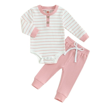 

Elippeo Baby Girls 2PCS Pants Sets 3M 6M 12M 18M 24M Long Sleeve Button Romper Solid Color Drawstring Pants Sets