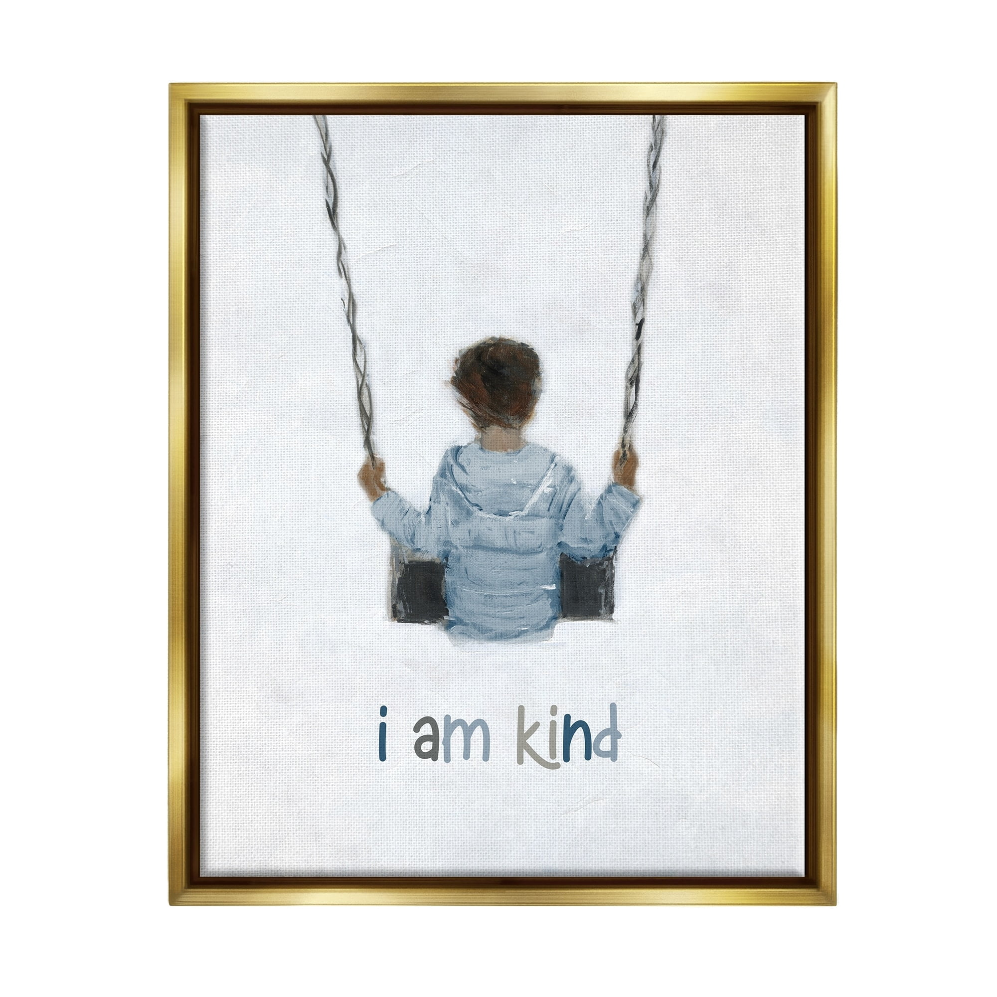 Stupell Industries I am Kind Motivational Child Playing on Swing Graphic Art Metallic Gold Floating Framed Canvas Print Wall Art, Design by Sally Swatland