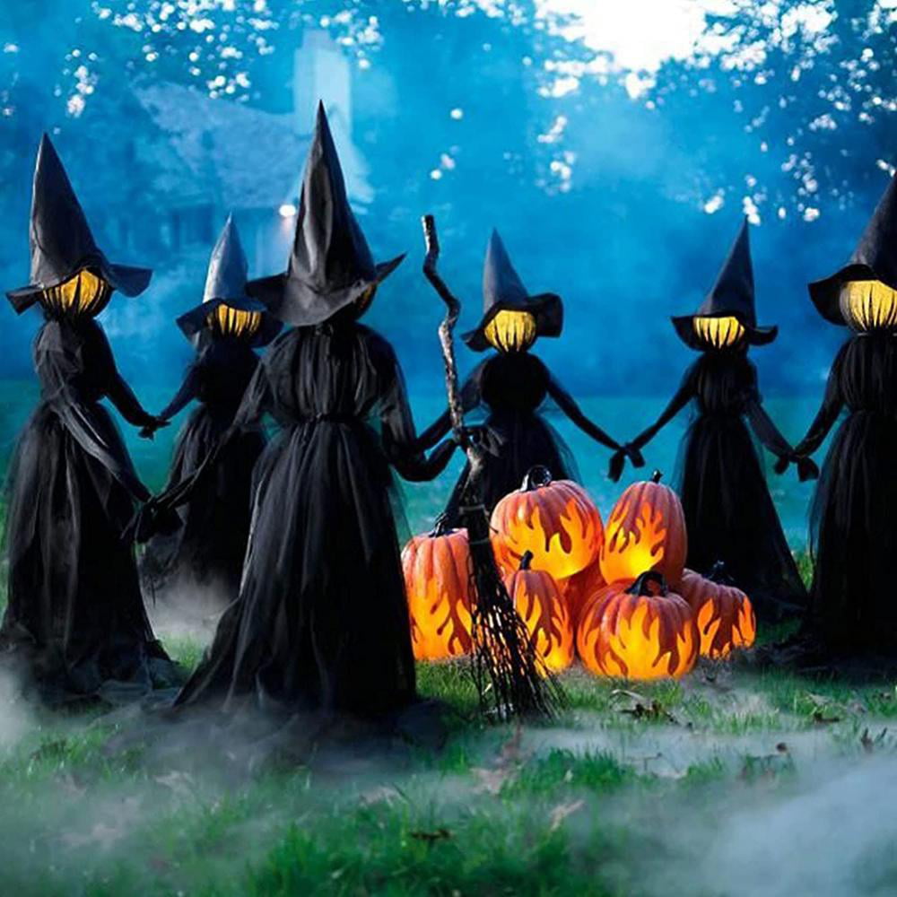 Halloween Visiting Luminous Witches with Stakes Outdoor Halloween Decorations Light-Up Witches,Voice Control Witch Glowing Head Waterproof Life Size for Outside Home Party Decor 