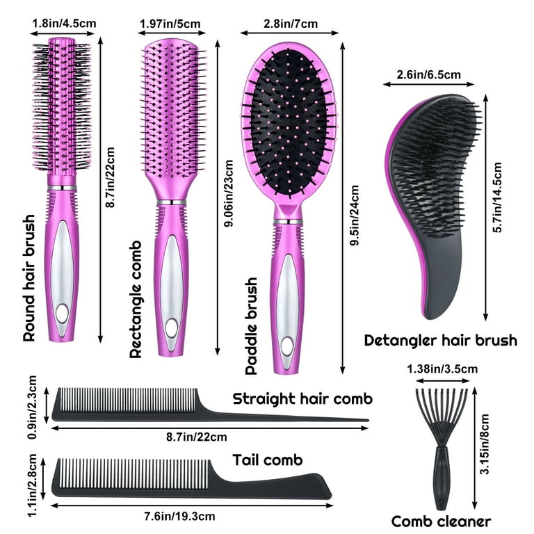 Abaima 7 Pcs Hair Brush and Comb Set Round Brush Paddle Brush Detangle Hair Brush and Combs Wet Dry Brush for Women Men Hair Styling Purple 7