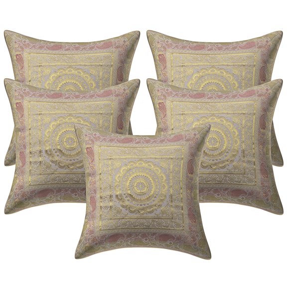 Stylo Culture Ethnic Settee Sofa Throw Pillow Covers 16x16 Jacquard White Square 40x40 cm Home Decor Brocade Floral Mandala Zippered Cushion Covers | Set Of 5