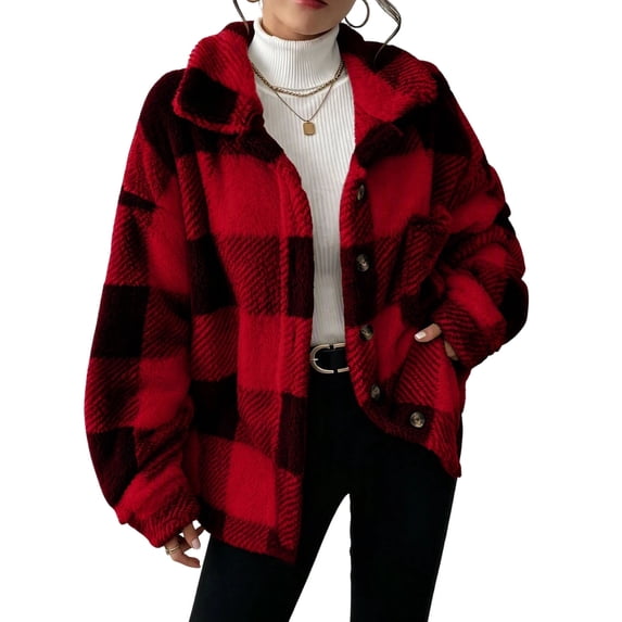Plaid Jackets for Womens Fleece Fashion Casual Button Turndown Collar Long Sleeve Oversize Jacket Coat