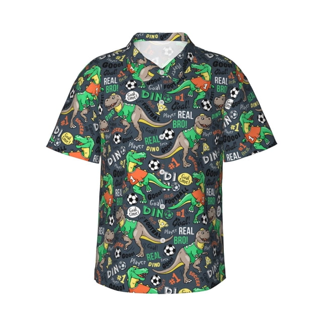 Balery Dinosaur Plays Soccer Camisas hawaianas de manga corta para hombre, camisas playeras de corte holgado, camisas de vacaciones con botones,Small