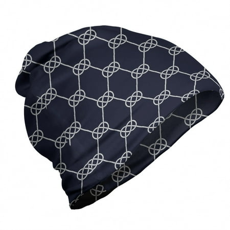 Navy Blue Unisex Beanie, Navy Inspired Knot, Hiking Outdoors, Dark Blue Cream, by Ambesonne