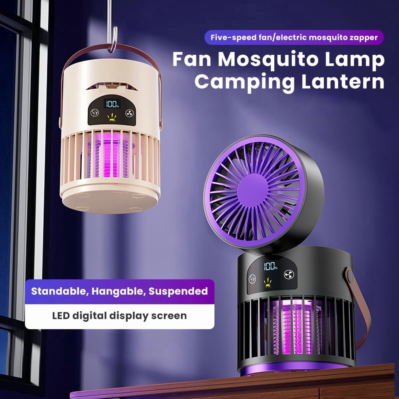 6-in-1 Portable Mosquito Killer Fan with 5 Wind Speeds, Multifunctional for Outdoor Camping & Home Use（Cream）