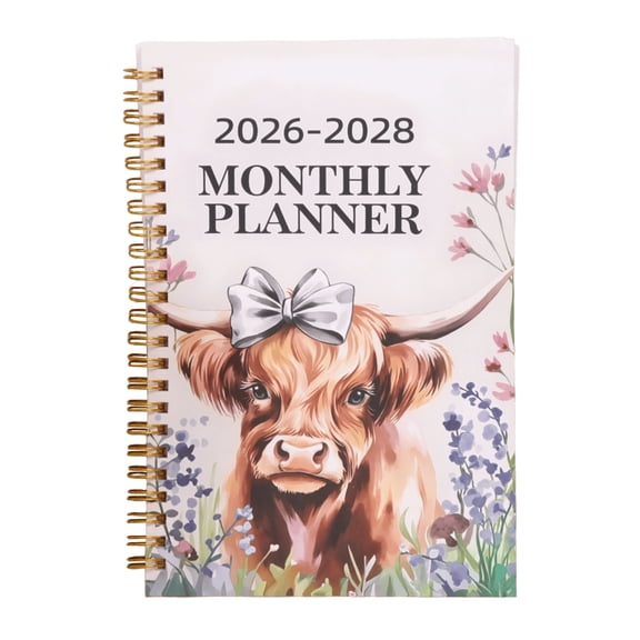 Clearance! 2026-2028 Monthly Planner Notebook for — Watercolor Highland Cow Design, Great Gift for Family to Manage Schedules and Stay Organized at Work or Home