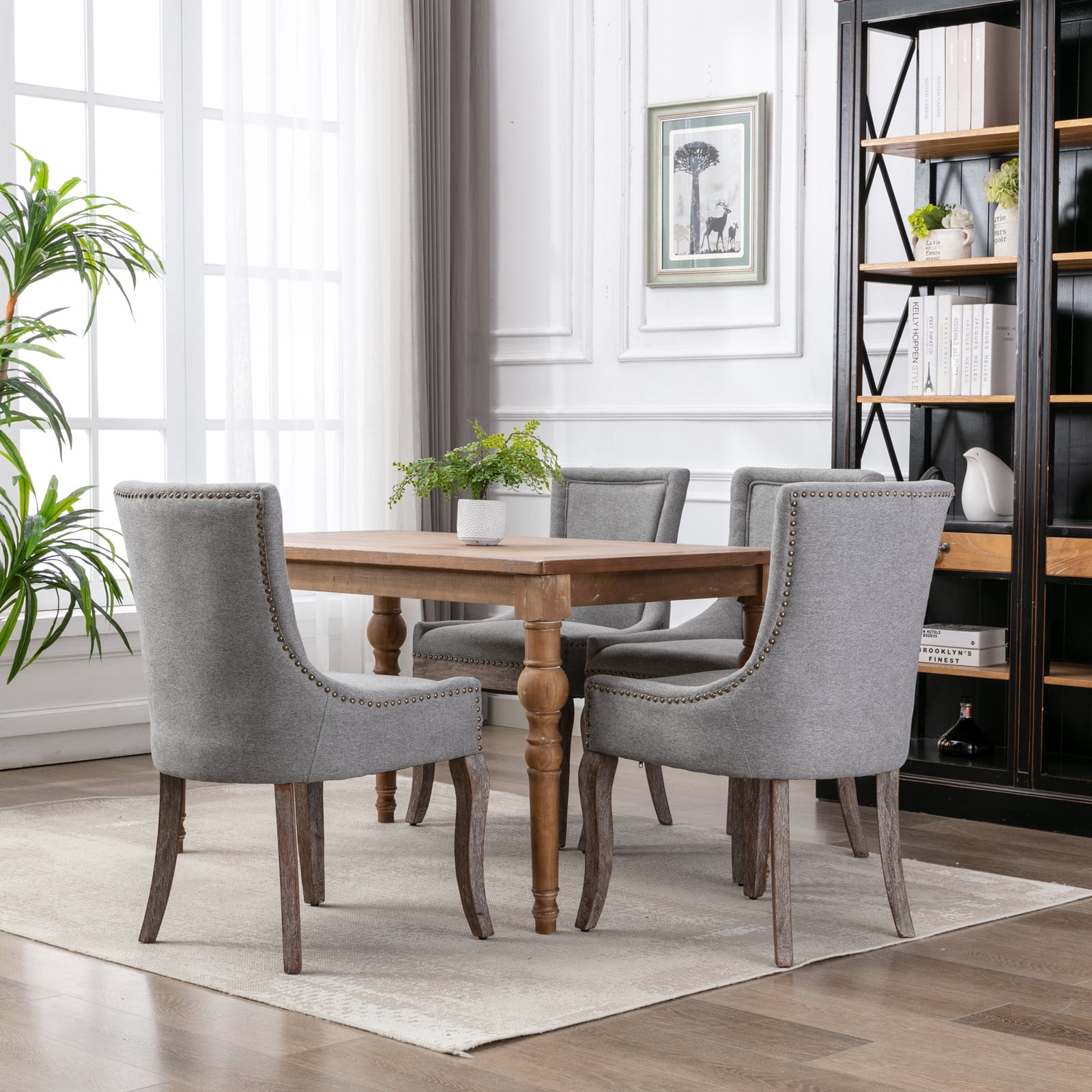 Gewnee Set of 2 Side Dining Chairs, Fabric Upholstered High Back Dining Table Chairs with Solid Wood Legs for Dining Room & Kitchen,Gray