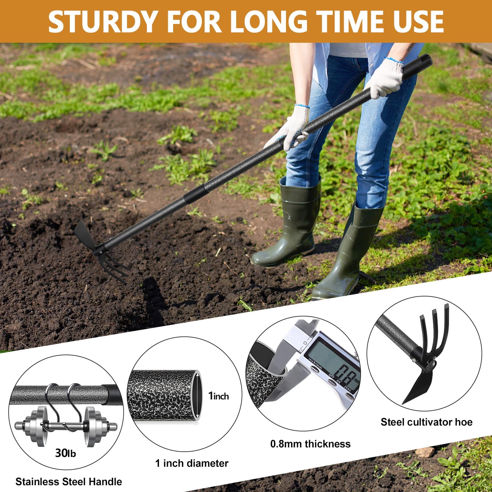 CHEASYOU Garden Hoe Tool, Adjustable Heavy Duty Dual-Head Weeding Tool for Weeding, Tilling, Lawn Yard Flower Bed Gardening Tool