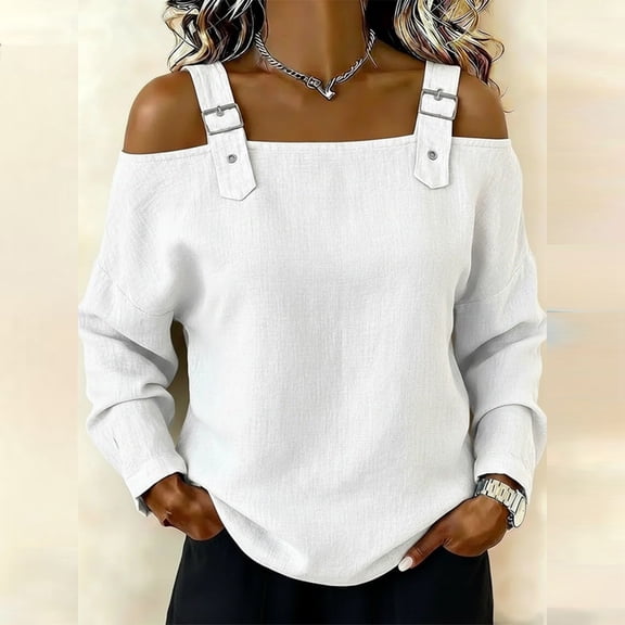 Morttic Women’s Vacation Style Off-Shoulder Shirt – Metal Buckle Strap Dropped Shoulder Long Sleeve Top Casual Outfits White,S