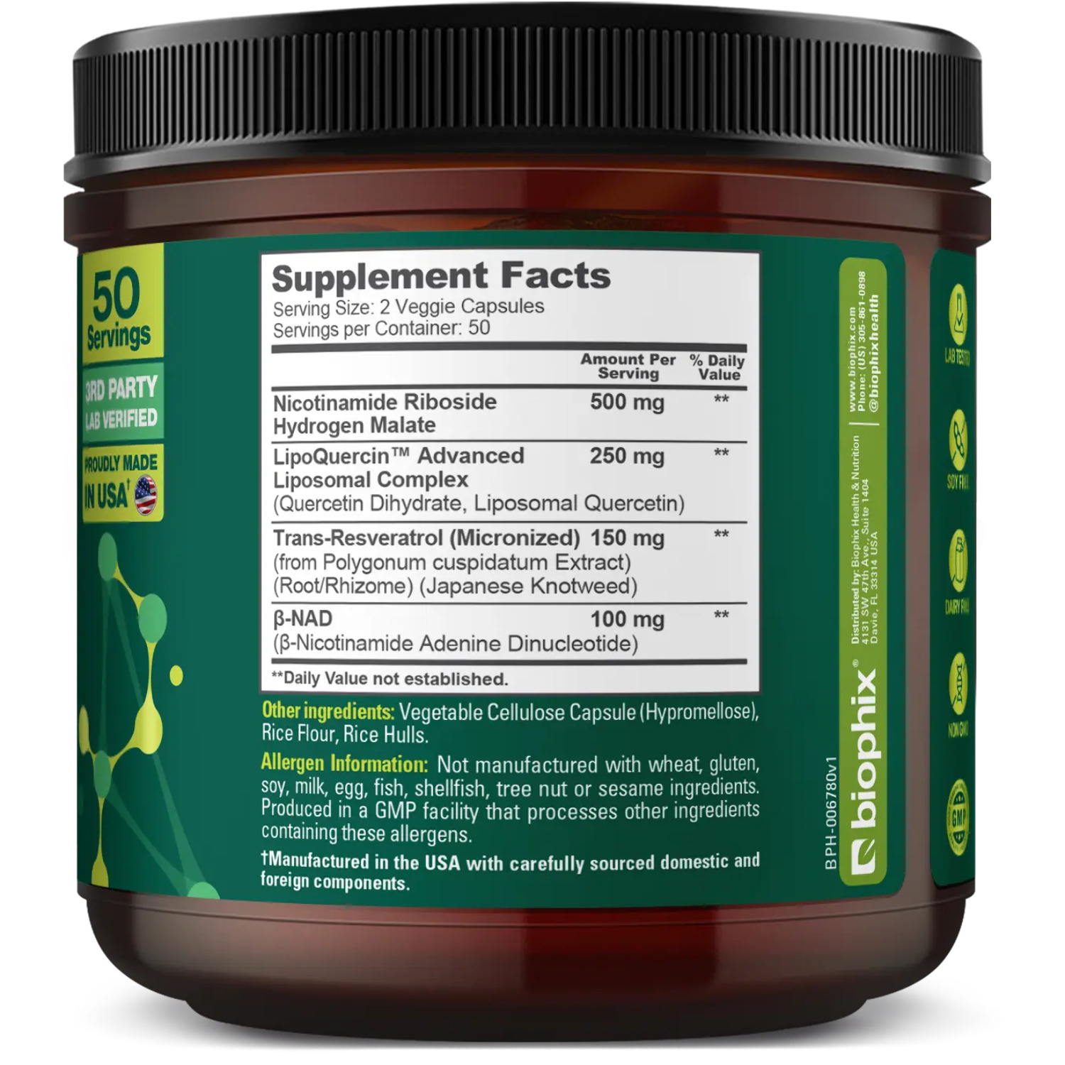 biophix NAD+ Micronized Resveratrol - Nicotinamide Riboside with Quercetin 1000mg per Serving 100 Veg Capsules