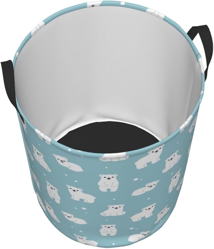 Cute Polar Bears Laundry Hamper Bag With Waterproof Liner - Round Laundry Basket Foldable Clothes Storage Organizer For Bathroom Bedroom Nursery Dorm