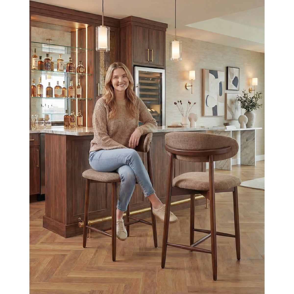 EOP Modern Bar Stools Set of 2, Upholstered 25.59″ Counter Height Bar Stools, Kitchen Island Barstools with Wood Legs for Kitchen Island Dining Room Bar, Camel