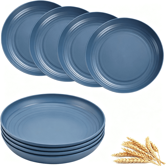 NORIZF Wheat Straw Plates,Unbreakable Dinner Plate Set of 4,8" Plastic Plate Reusable,Dishwasher&Microwave Safe,Lightweight Salad Plates for Camping/Kitchen (Dark Blue)