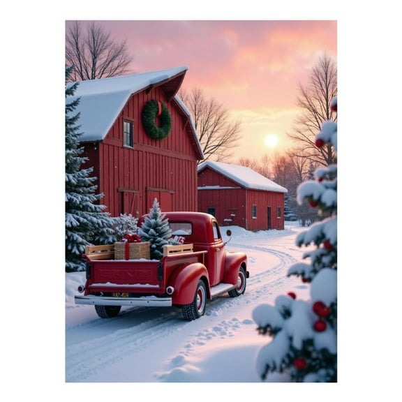 Diamond Art Kit for Adults, Vintage Red Truck Winter Barn Scene Diamond Painting for Adults Beginners, 5D DIY Diamond Art Painting Kits, Colorful Diamond Painting Craft for Home Decor 12x16