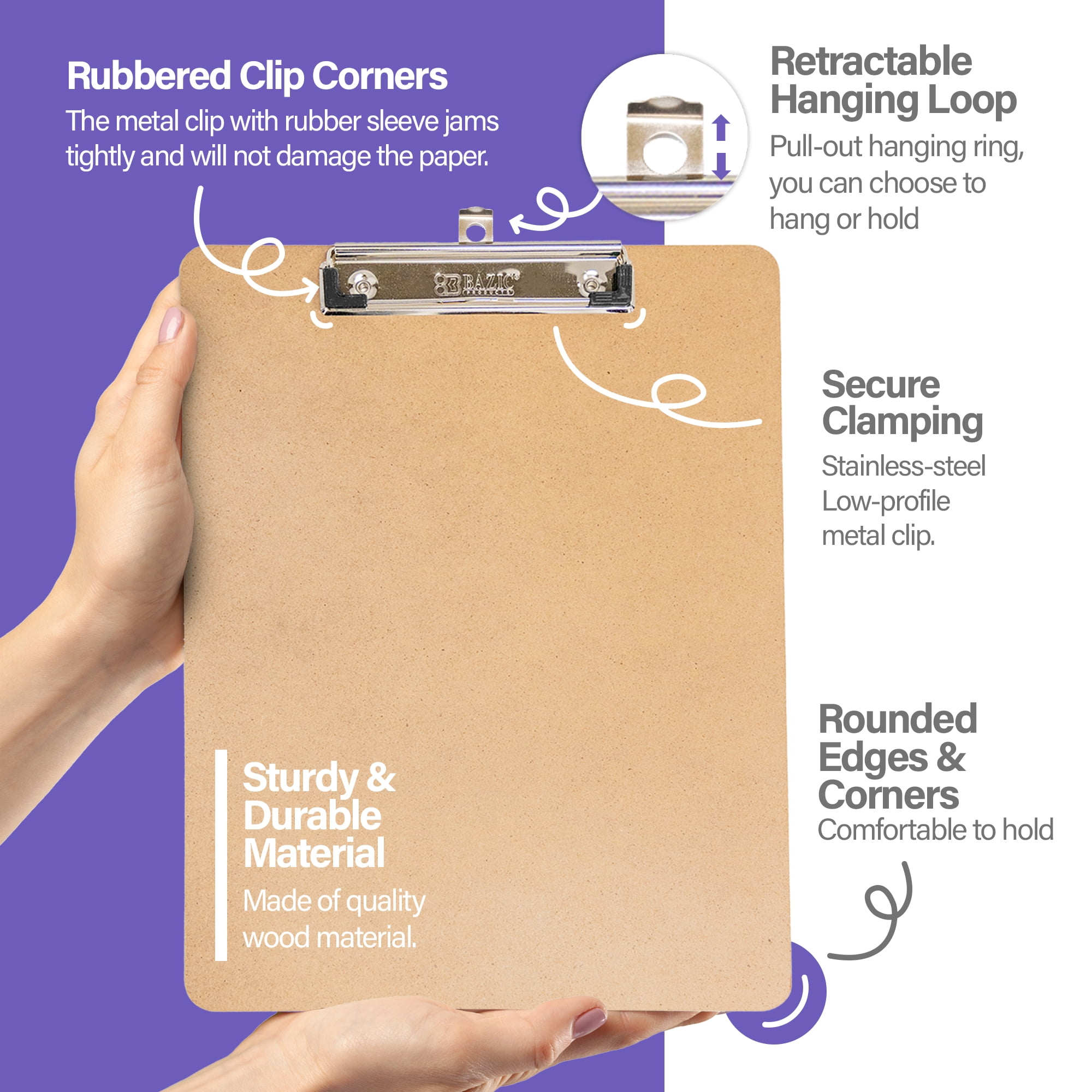 BAZIC Wood Clipboard 12.5" x 9" Low Profile Clip Hardboard, 24-Pack