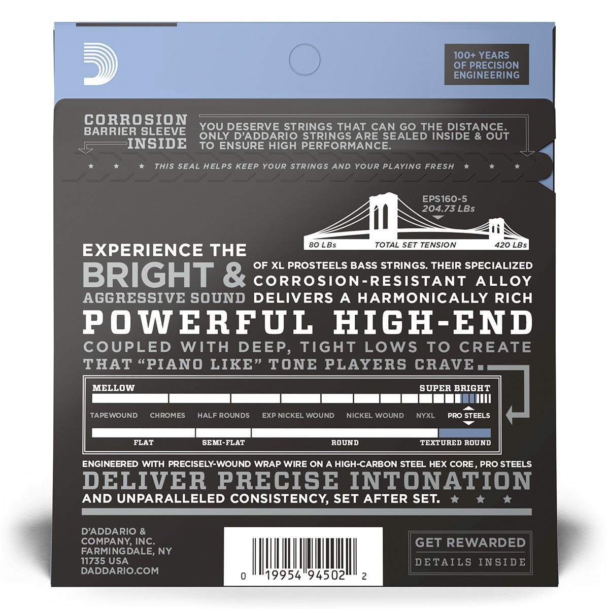 D'Addario EPS160-5 5-String ProSteels Bass Guitar Strings, Medium, 50-135, Long Scale