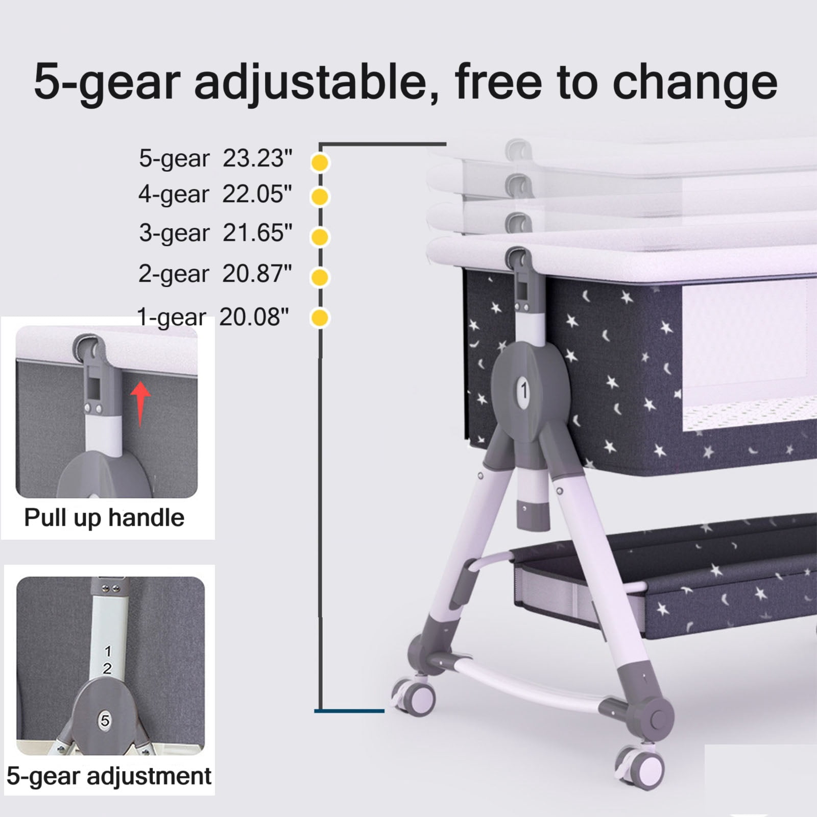 SLLINGLUO Baby Bassinet with Wheels, 5-Level Height Adjustable Folding Bedside Crib, Gray Starry Sky
