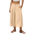 thumbnail image 3 of Women's Summer Solid Color High Waist Wide Leg Cropped Linen Pants, Casual Beach Trousers with Pockets, Relaxed Fit for Daily Wear Khaki M, 3 of 10