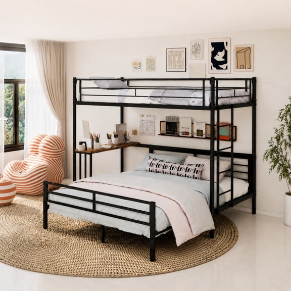 Miniyam Twin Over Full Bunk Bed with Built-In Desk – Metal Space-Saving Bed for Kids, Teens, Dorm Rooms, Black