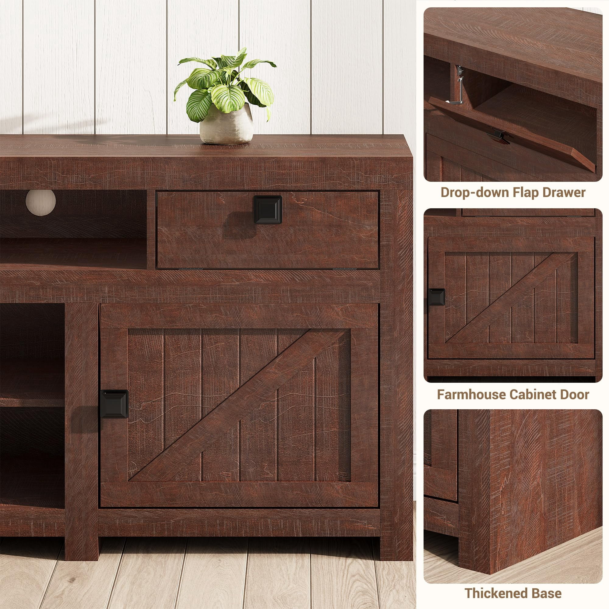 70-Inch Farmhouse TV Stand for TVs Up to 80", Entertainment Center with 4 Storage Drawers & 3 Open Shelves for Living Room-Brown