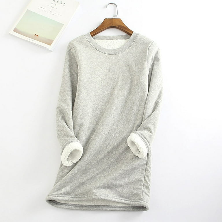 WREESH Womens Thermal Shirts Thickened Fleece Lined Underwear Solid Plus  Size Pullover Winter Warm Loose Tunic Tops Dark Gray 