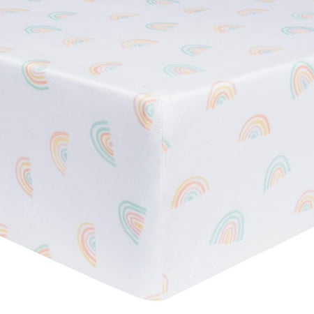 UPC: 0846216062131 | Trend Lab 100% Cotton Rainbow Fitted Crib Sheet. Rainbow Pattern in Pink Yellow Coral Teal and Aqua. Fits standard Size Crib.