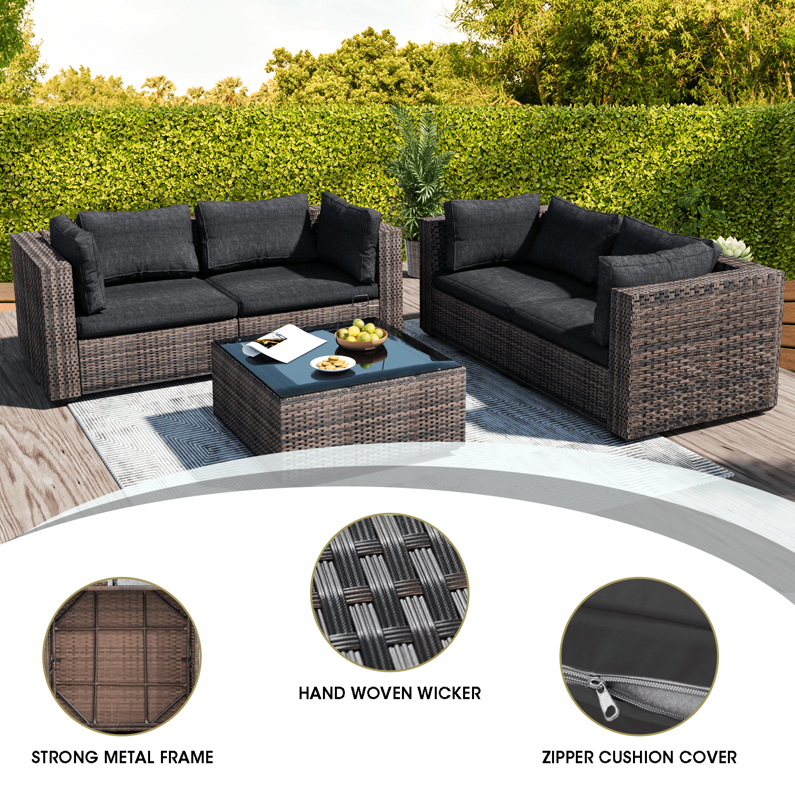 Grezone 5 Pieces Patio Furniture Set, All Weather Outdoor Sectional PE Rattan, Patio Conversation Sets with Cushions and Glass Coffee Table for Garden Lawn Balcony Porch Deck, Black