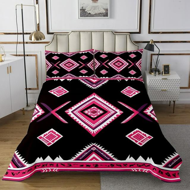Aztec Twin Bedspread Set for Girls,Magenta and Black Geometric Coverlet Set Indian Tribal Geometry Diamond Quilt Set,Exotic Style Western Decor for Home