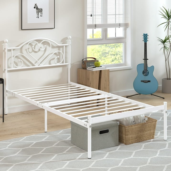 Yoneston Kids Twin Size Heavy Duty Metal Platform Bed Frame with Love-Heart Shape Headboard for Bedroom Furniture, White