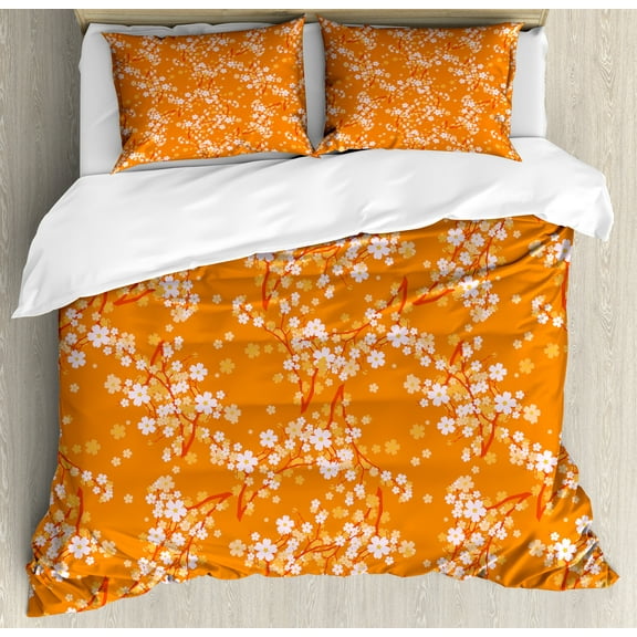 Floral Duvet Cover Set, Vivid Blooming Tree Branches Spring Flower Petals Happy Essence Beauty Pattern, Decorative 3 Piece Bedding Set with 2 Pillow Shams, King Size, Orange Lilac, by Ambesonne