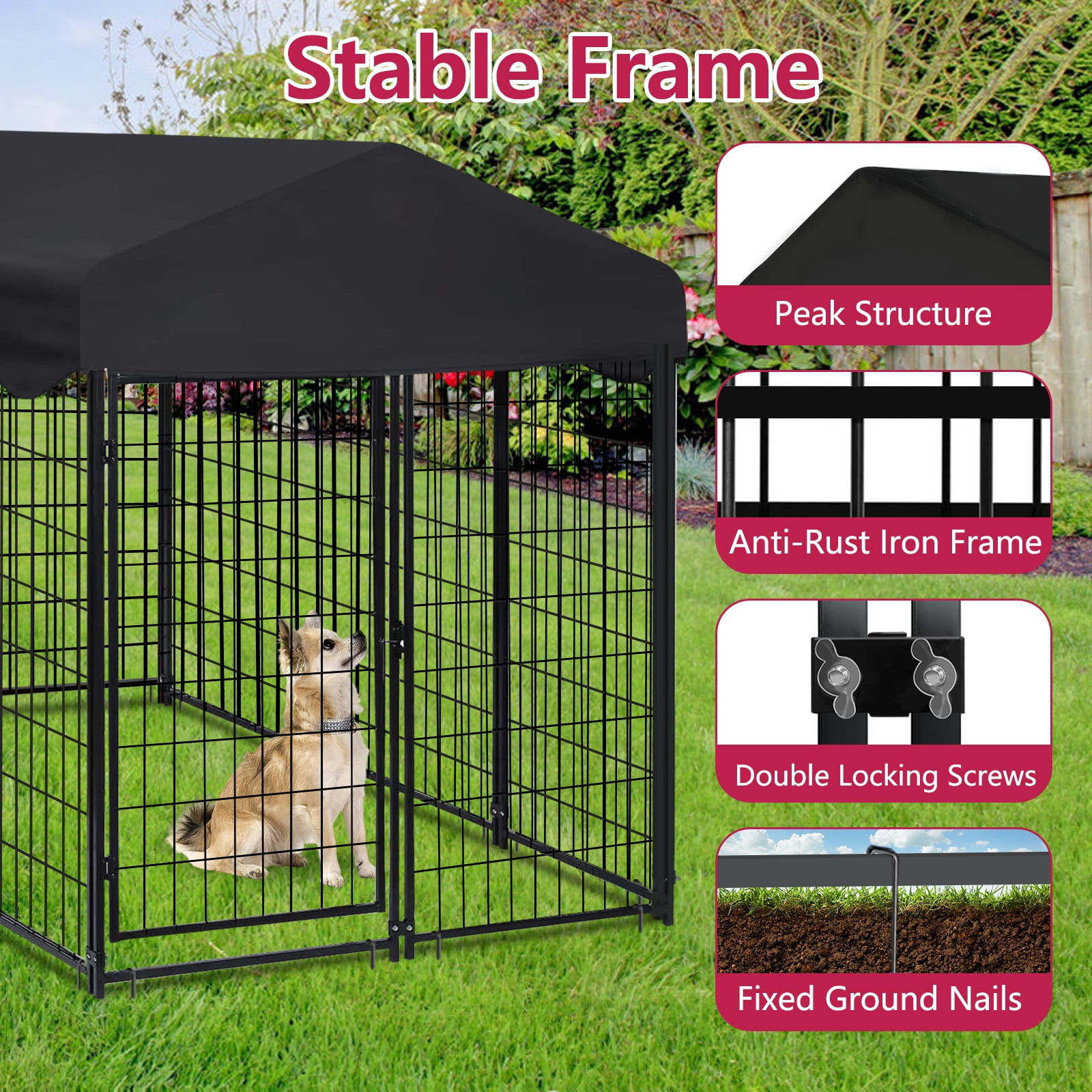 Jhsomdr Outdoor Dog Kennel 6.2ft x 4ft x 4.5ft Heavy Duty Large Wire Dog Fence Outside Dog Playpen with UV-Resistant Oxford Cloth Roof & Secure Lock