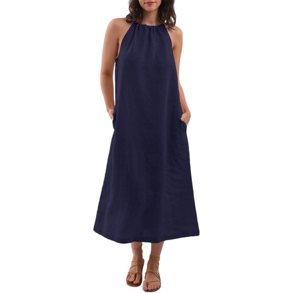 Admvng Linen Dresses for Women Summer Casual Sleeveless Round Neck Dress